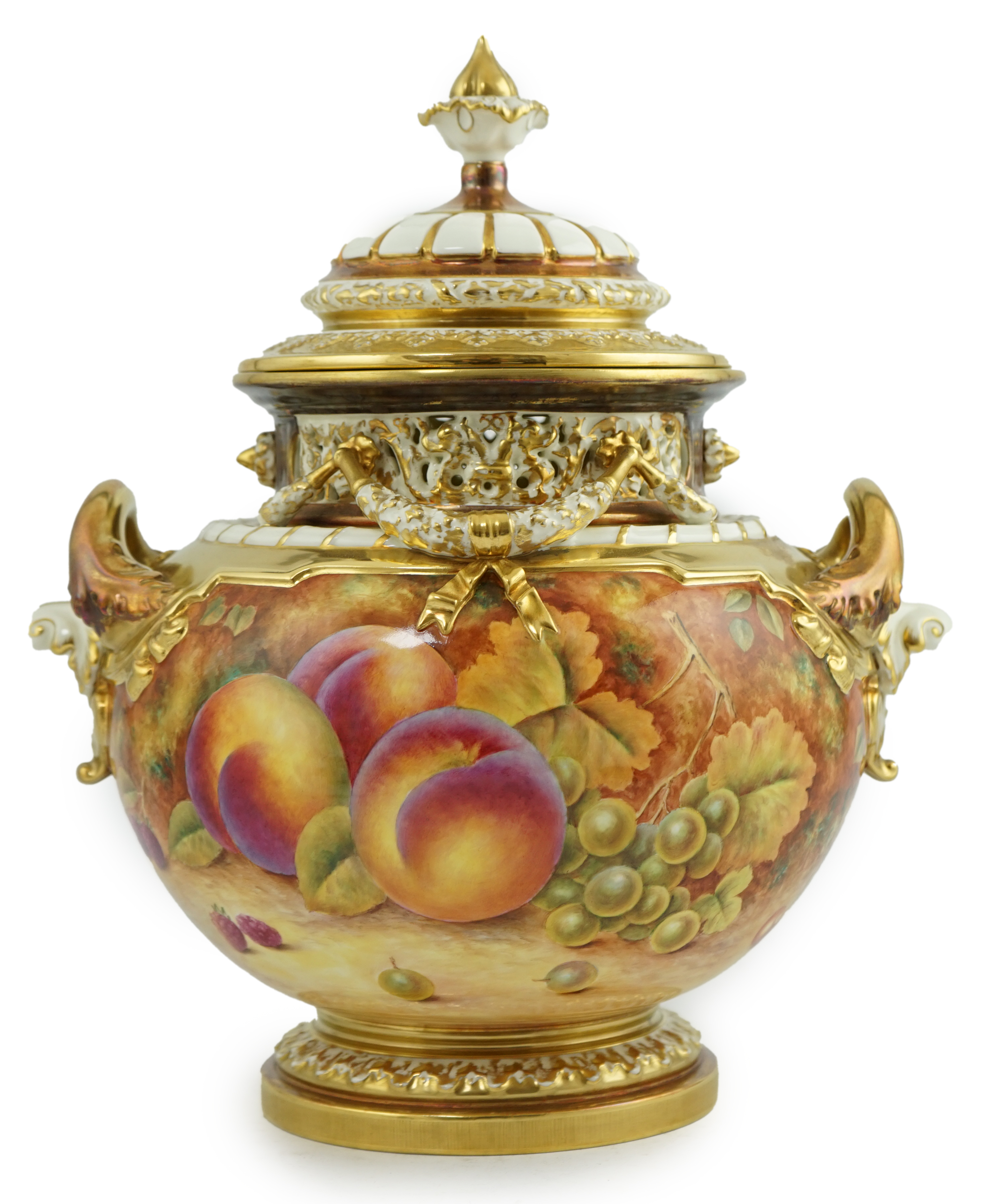 An impressive Royal Worcester fruit painted pot pourri vase and cover, by P. Stanley, post war